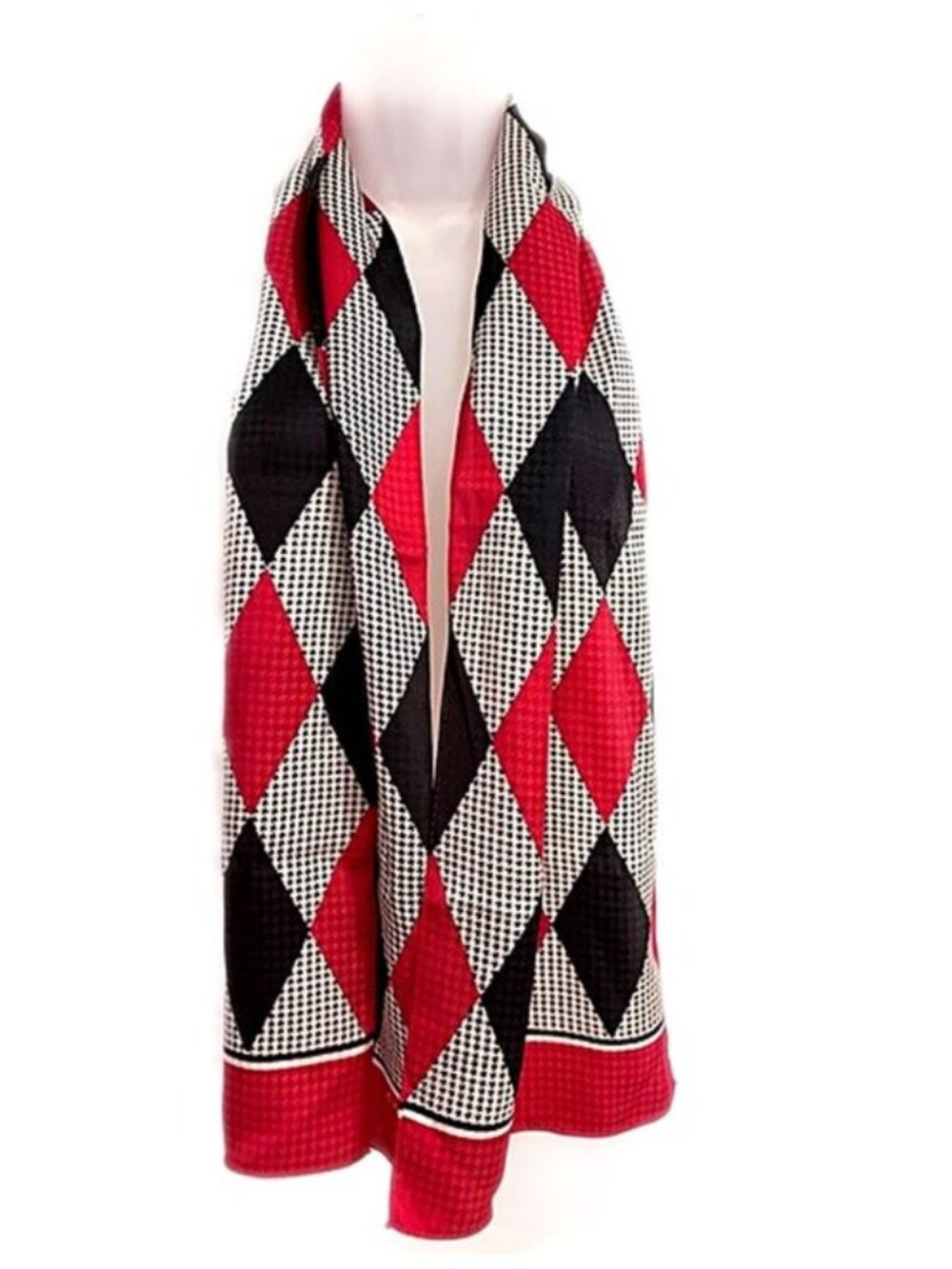 Echo 100% Silk Scarf Red White and Black Diamond Harlequin Pattern 11”x 59”